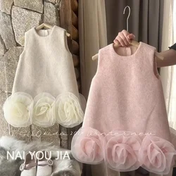 Childrens Clothing Dress 2024 New for Childrens Autumn and Winter Fashionable Flower Vest Dress for Baby Girls