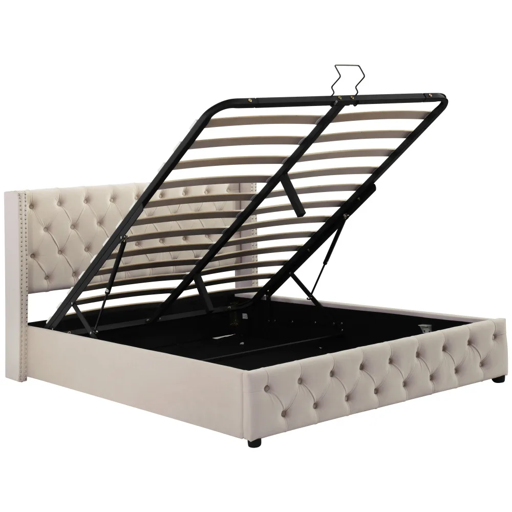 Gepolstertes Doppelbett aus schwarzem Samtflanell mit Nietenknopf und hydraulischem Stauraum (ohne Matratze), 160 x 200 cm oder 180 x 200 cm – Detail 5
