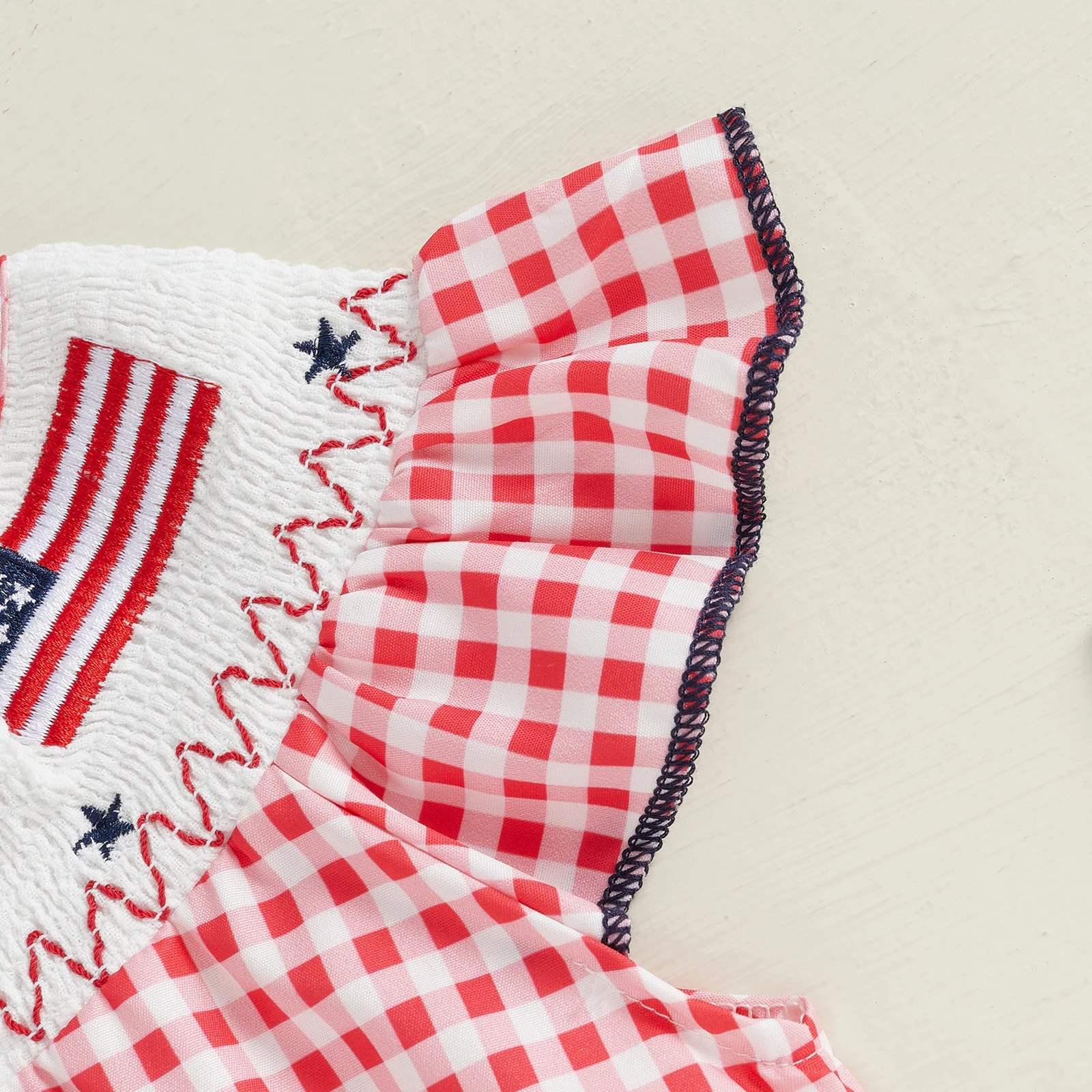 Cute Baby Girl Patriotic Romper Casual Plaid Print Flag Embroidery Summer Fly Sleeves Jumpsuit Bodysuits Clothes For 4th Of July