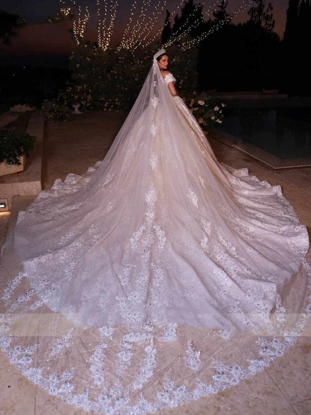 Flavinke Customized Exquisite Bling Lace Beading Pearls Floral Prints Ball Gown Wedding Dresses 2025 With Train Vestido De N