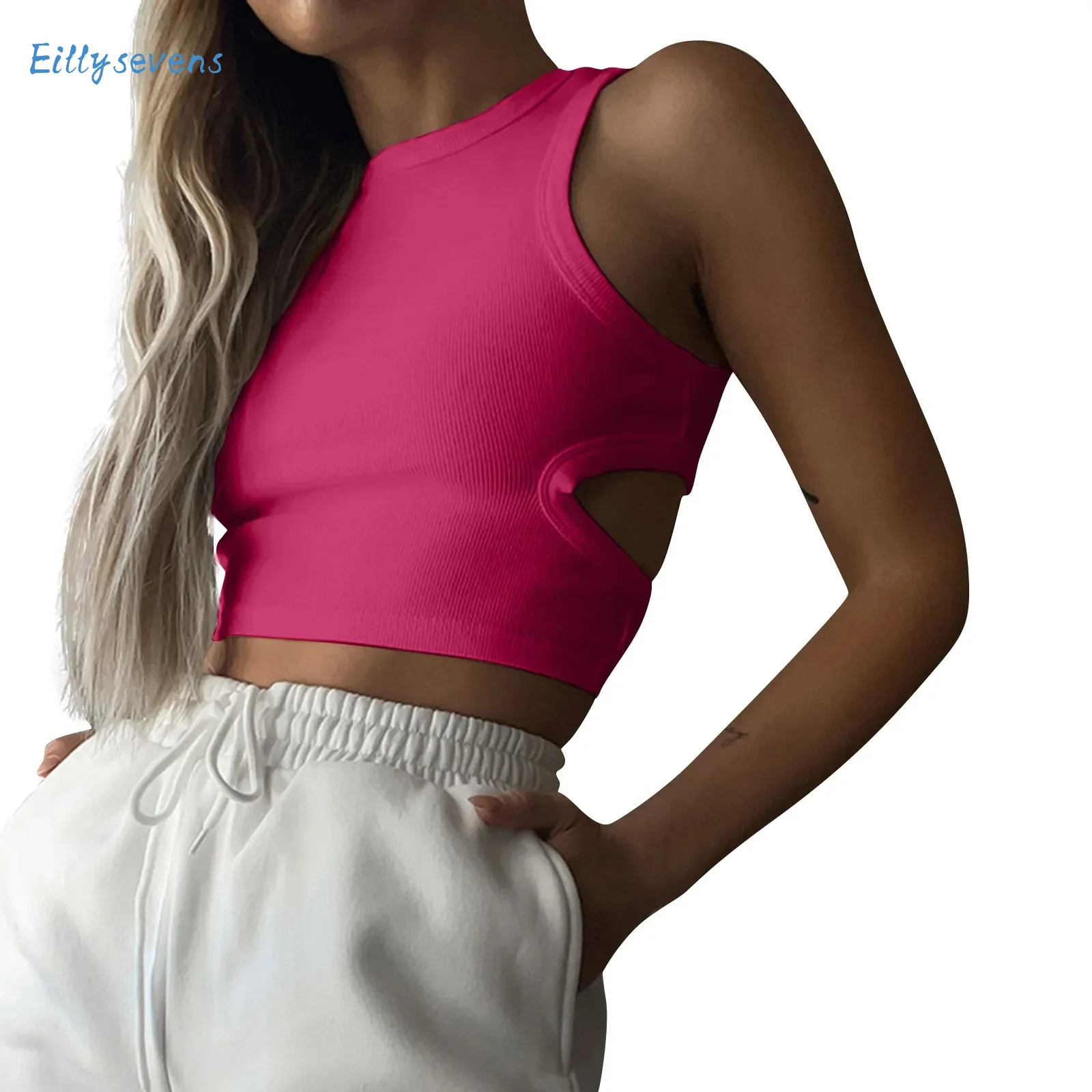 Women'S Sexy Tanks Fashionable New Summer I-Shaped Vest Solid Color Slim Fit Sports Short Navel-Baring Hollow Sleeveless Tops