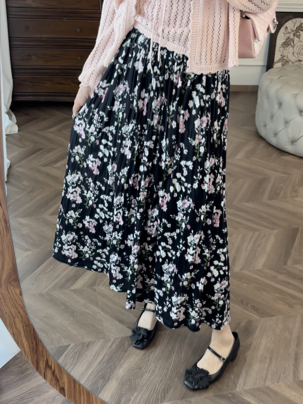 

Zhang ei Original Velvet Print Pleated A-Line Elastic Waist Midi Skirt Korean Sle High Waist Polyester Blend Skirt