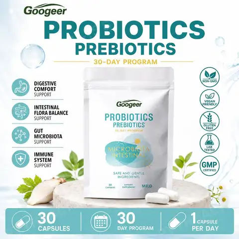 Googeer Probiotics Prebiotics Capsules with Bifidobacterium Strains and Inulin for Digestive Comfort Support, 30 Capsules