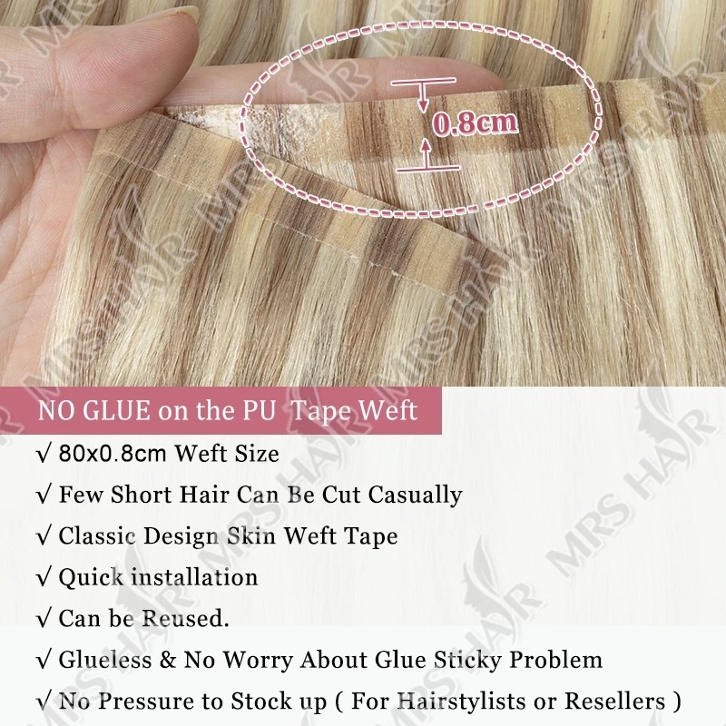 Fasci di nastro per capelli umani con trama lunga in PU Nastro di trama in pelle PU nelle estensioni Nessuna colla Trama di nastro dritto naturale 40-50G 12-20 pollici 80 cm
