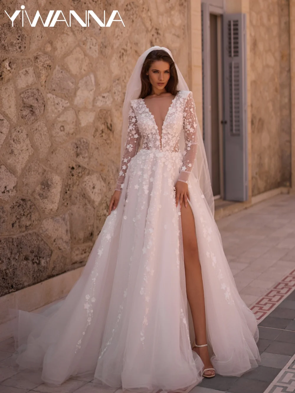 

White Glitter Pearls 3D Floral Wedding Dress Illusion Deep Vneck High Slit Bridal Gown Customized A-line Long Dresses For Bride