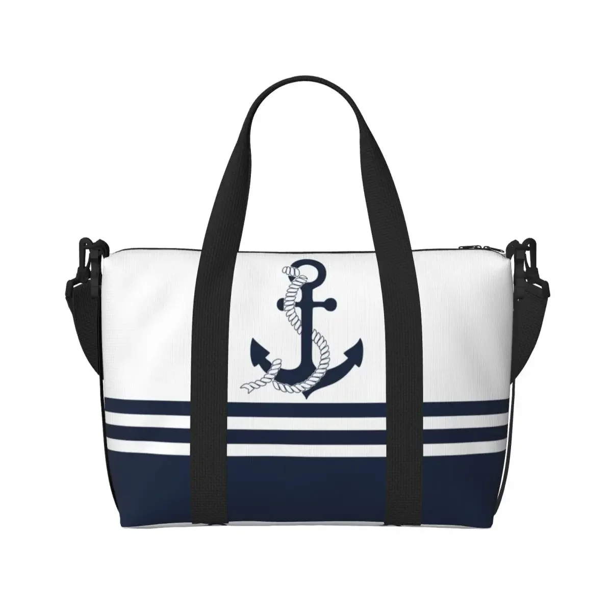 Custom Nautical Blue Anchors With Blue And White Stripes Beach Tote Bag Extra Large Gym Carry On Navy Travel Shopping Bags