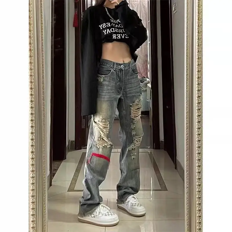 Women\'s Jeans Hiphop High Street Hot Girl High Waist Fashion Y2k Wide Leg Pants Spring Vintage Woman Ripped Baggy Jeans 2022