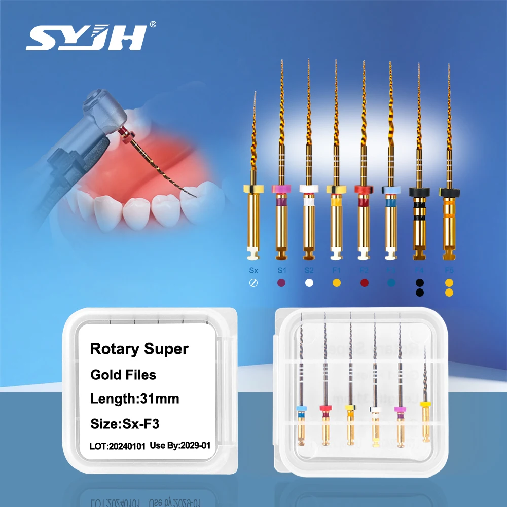 

SYJH 6 шт./упак. золотые стоматологические термоактивационные суперфайлы, роторные гибкие конические файлы с двигателем, инструмент для корневых каналов, стоматологические инструменты