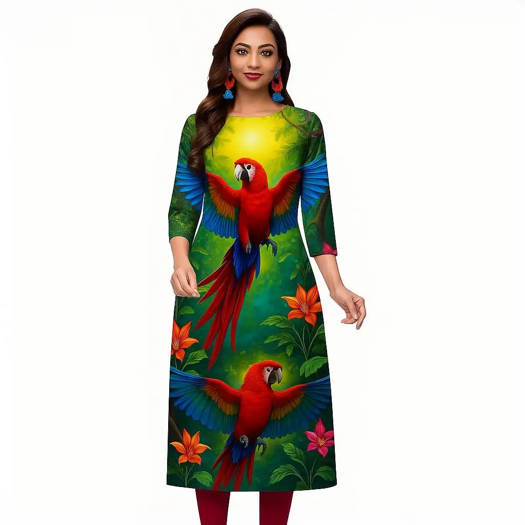 Kurt Women's Fashion Comfortable Long Sleeve Straight Casual Ethnic Round Neck Parrot Print New Dress