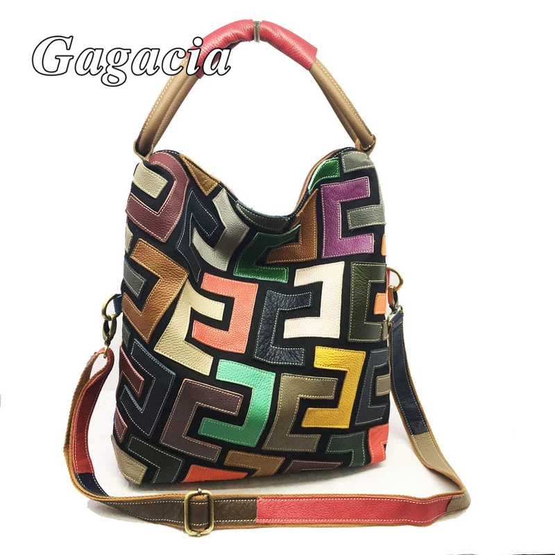 GAGACIA New Genuine Leather Multicolor Shoulder Tote Bag For Women Cowhide Large Capacity Handbag Patchwork Crossbody Travel Bag