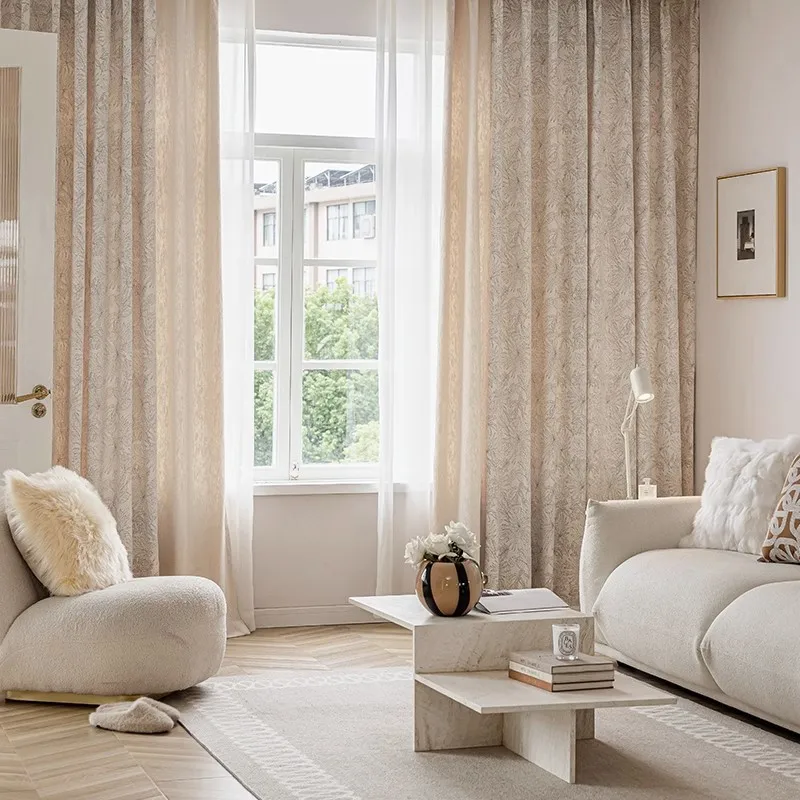 

French Curtain Relief Leaves Jacquard Living Room Bedroom Cream Warm Floral Cloth Splicing Finished Curtain Cloth
