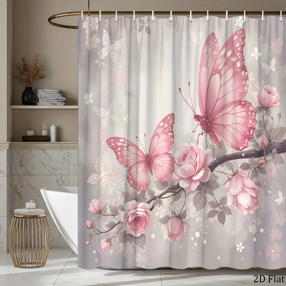 Pink Butterfly Rose Flower Shower Curtain Machine Washable All Season Waterproof Privacy Protection Romantic Design Elegant