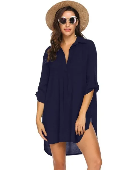 Women Spring and Summer New Fashion Polo-neck Deep V Neckline Fashion Beach Sun Protection Swimsuit Shirt Dress Y2k Vestidos