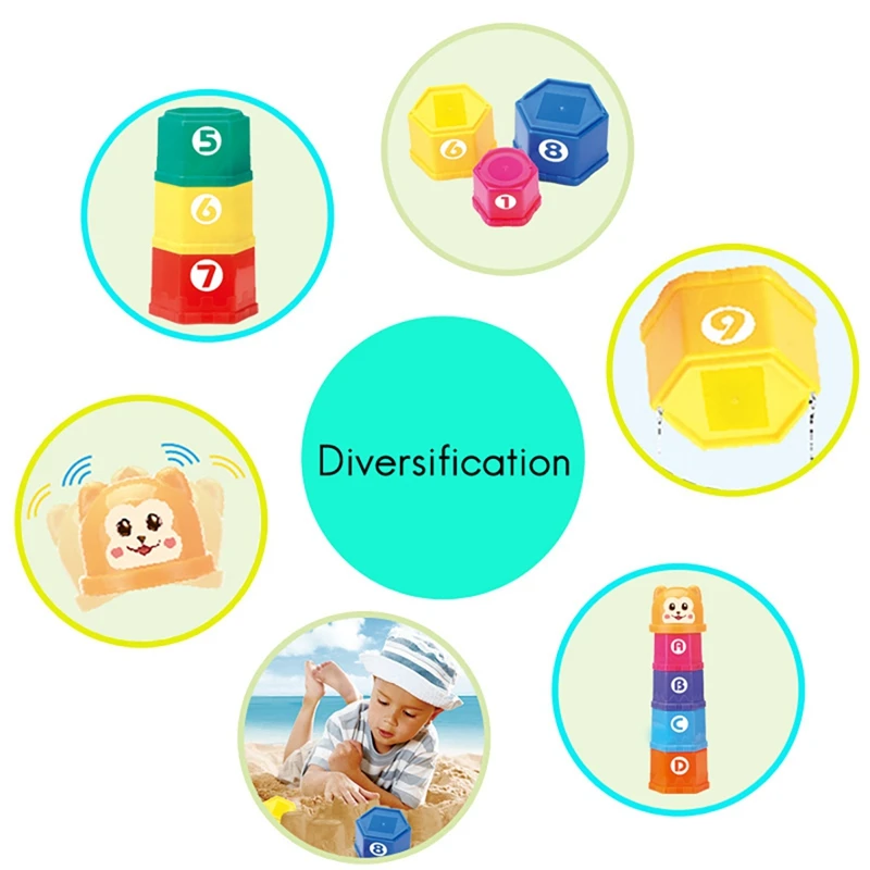 Tazas apilables para bebés, bloques de construcción educativos de oso para niños, tazas apilables, fruta Digital, juguetes de baño de agua Hexagonal A