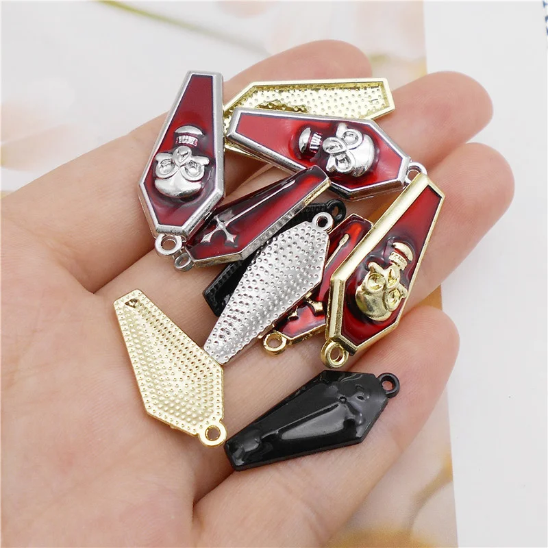 Julie Wang 5PCS Enamel Coffin Charms Mixed Halloween Cartoon Alloy Cross Skull Vampire Casket Pendants Jewelry Making Accessory