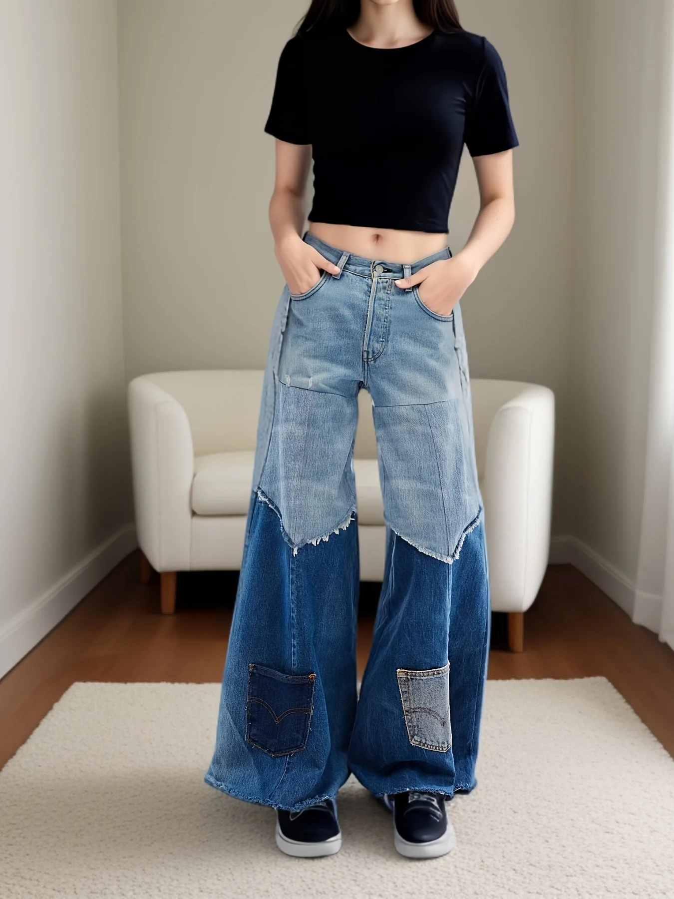 Women Jeans High Wasit Plus Size Casual Denim Patchwork Colorblock Pocket Wide Leg Jeans Spring Streetwear Female Trousers Pant