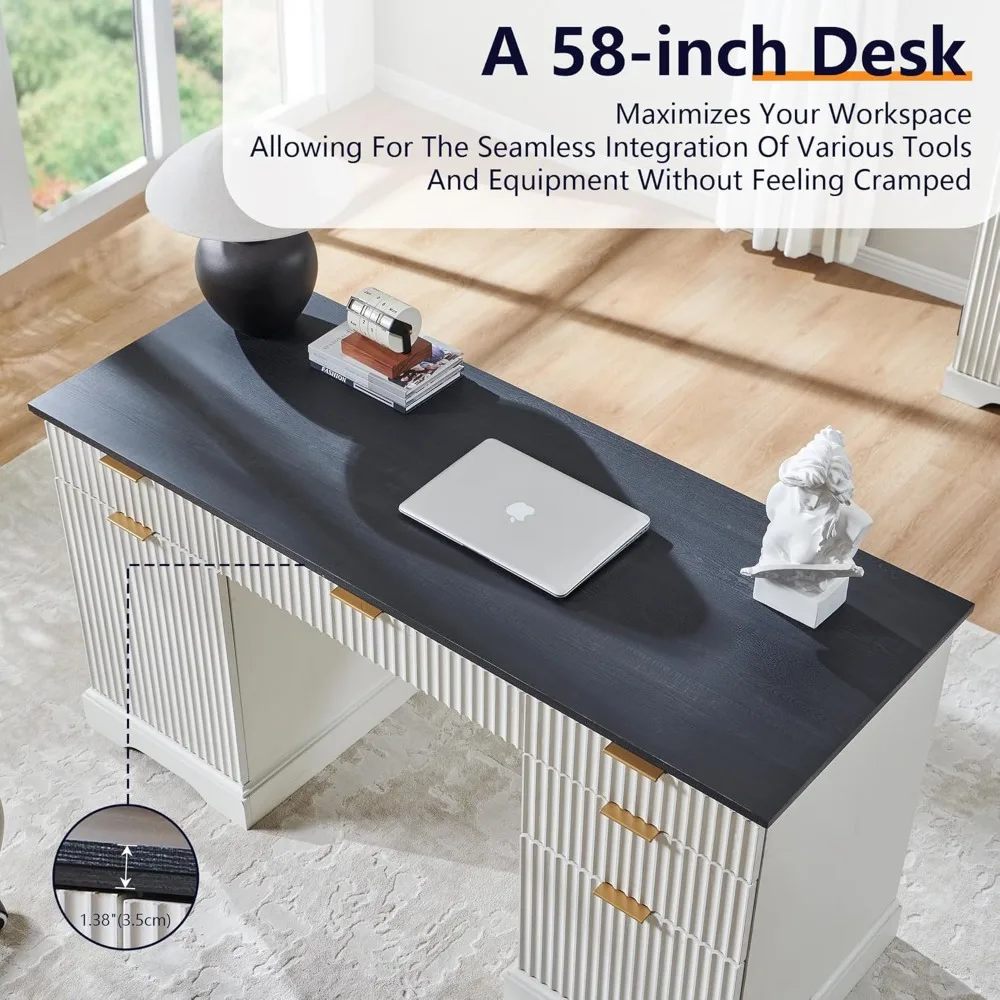 مكتب تنفيذي حديث مقاس 58 بوصة مع مساحة تخزين، مكتب منزلي خشبي مع 5 أدراج وخزانة واحدة، مكتب كتابة كمبيوتر مخدد للمسمار #4