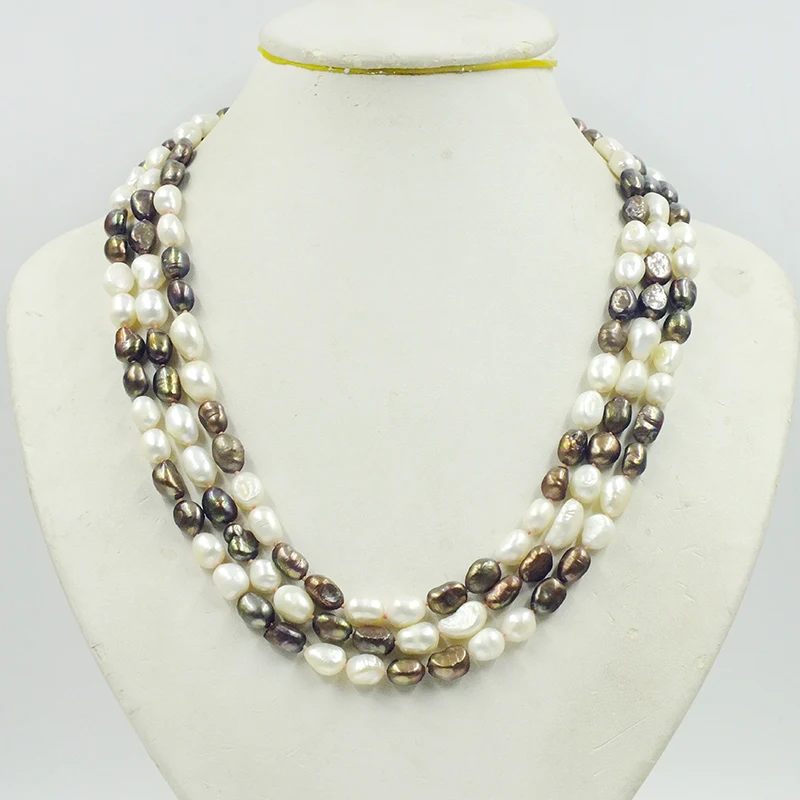 

9-10MM 3 rows natural white freshwater pearl necklace Luxury women's wedding jewelry 18-22"