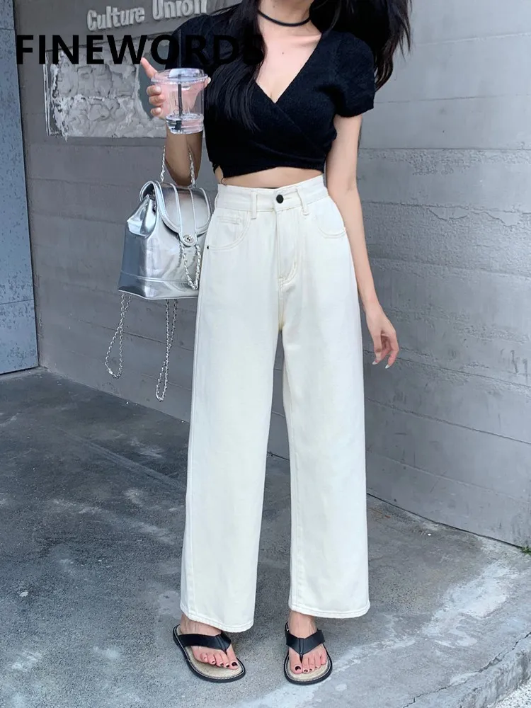

FINEWORDS Vintage Casual High Waist Korean Loose Beige Jeans Women High Waist Streetwear Wide Leg Jeans Fashion White Trousers