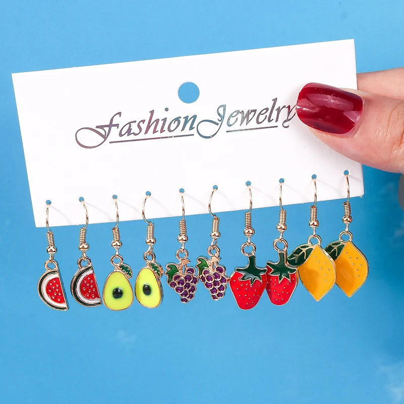 Aihua 10pcs/set Lovely Enamel Fuirts Earrings Set for Women Kawaii Watermelon Avocado Lemon Grape Earrings Party Jewelry Gifts