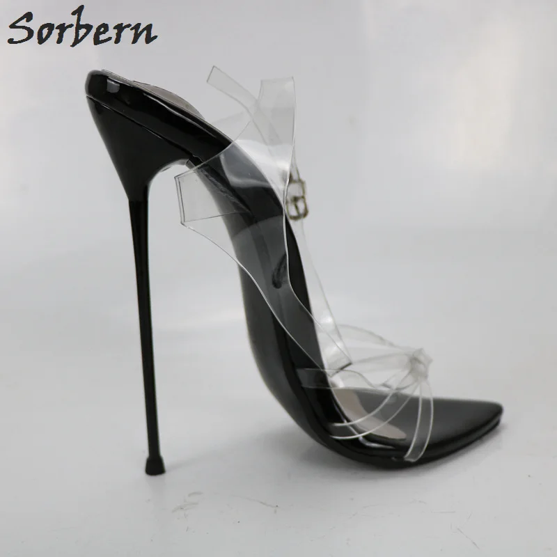 Sorbern Black Women Shoes Unisex Sandals High Heels 14Cm 16Cm Thin Straps Metal Stilettos 35-50 Sandals For Women Plus Size