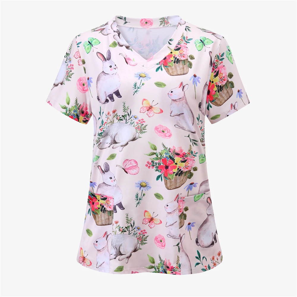 Surgical Uniforms Woman Animal Cartoon Print Health Care Nurse Tops Casual V-Neck Short Sleeve Patch Pocket Nurse Uniform Woman