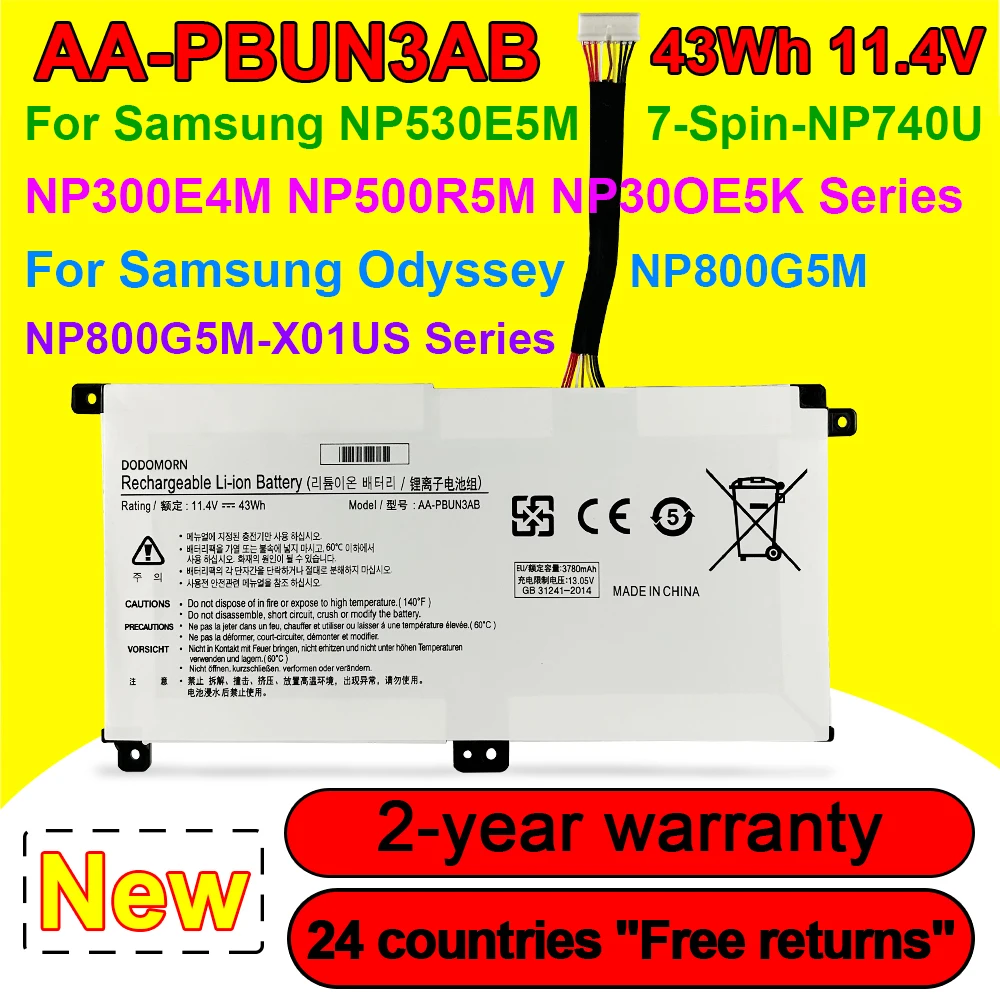 11.4V 43Wh AA-PBUN3AB AA-PBUN3QB Battery For Samsung NP300E4M NP300E5K NP500E5M NP500R5M NP800G5M NP740U3L NP740U5L NP740U5M