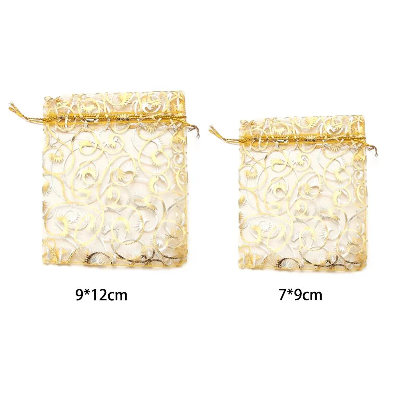 10Pcs/Lot Organza Gift Bag Ornament Packaging Drawstring Bag Gold Plated Pattern For Wedding Christmas Halloween Candy Bag