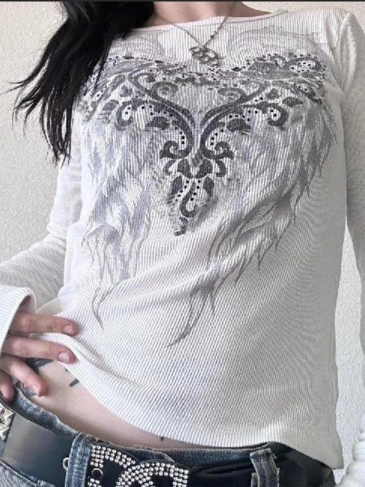 

Grunge 2000s Vintage Long Sleeve T-Shirts Women Y2K Gothic Fashion Harajuku O-neck Tops Punk Aesthetic Streetwear Clothes New