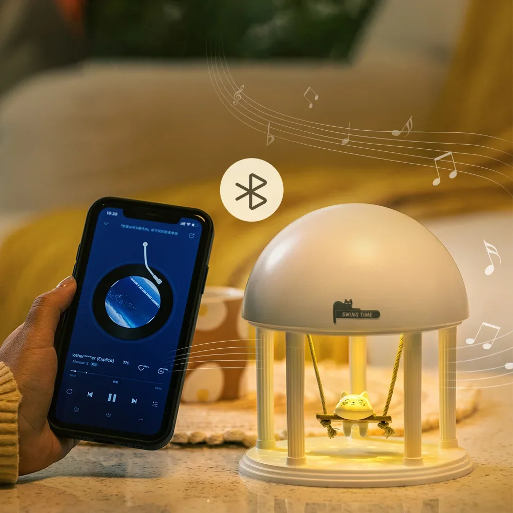 Proyector de ensueño de luz nocturna ambiental, altavoz inalámbrico Bluetooth, tono alto, columpio, pequeño gato, caja de música, luz ambiental