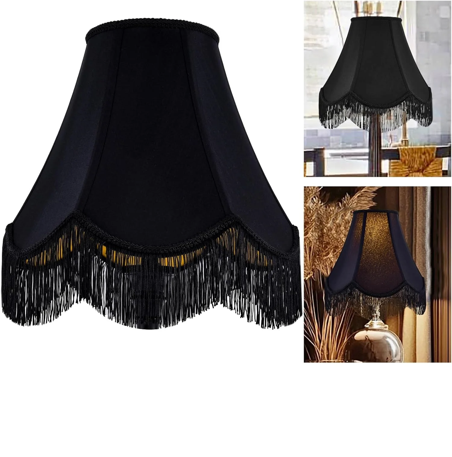 Black Silk Bell-shaped Lampshade - Woven Petal Edges, Black Tassel Trim, 6