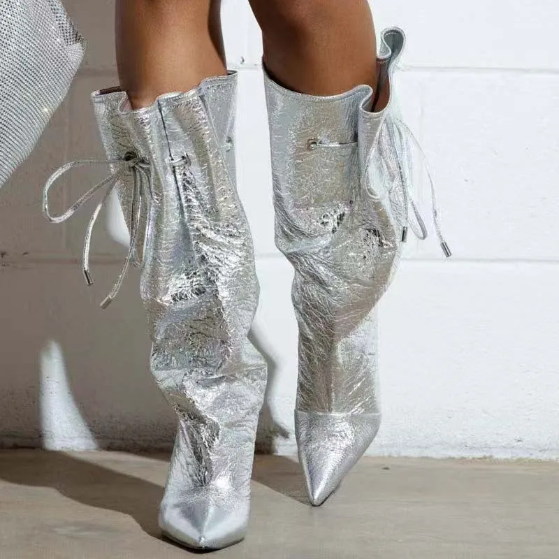 

Women's Metallic Knee High Boots Fashionable Pointed Stiletto Boots with Slouchy Design Lace Up Detail Glamorous Making Footwear