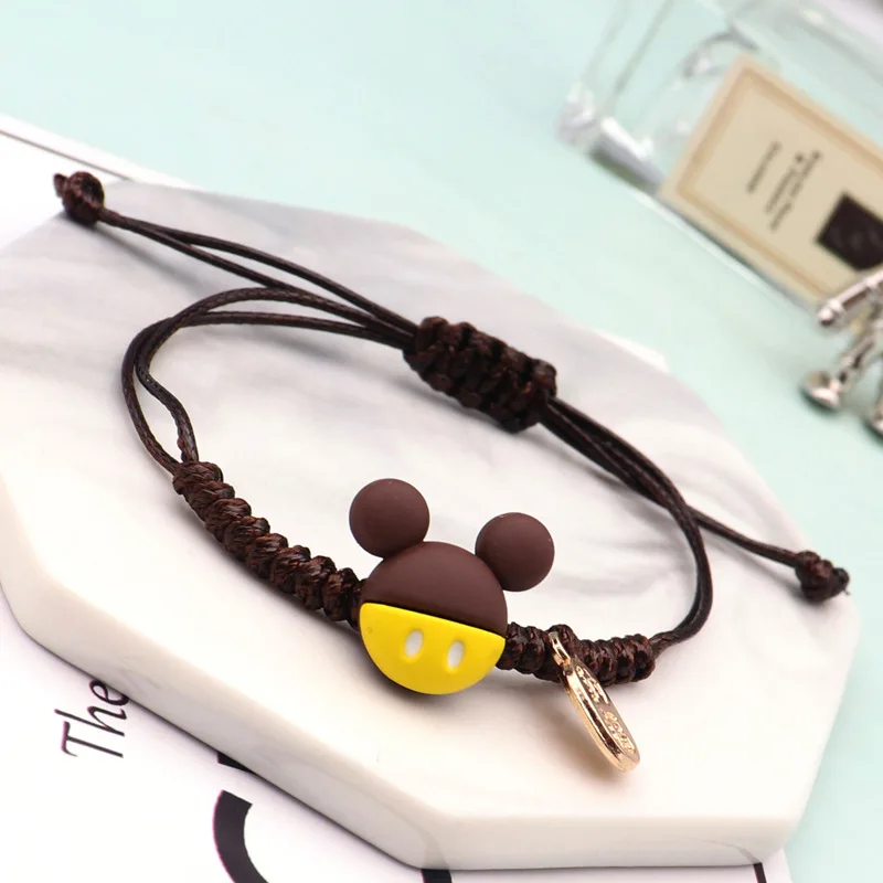 Gelang pasangan, Disney Mickey Mouse, gelang kepang tali kartun Minnie, kepala liontin, gelang pasangan, tenunan tangan, dapat disesuaikan untuk anak perempuan