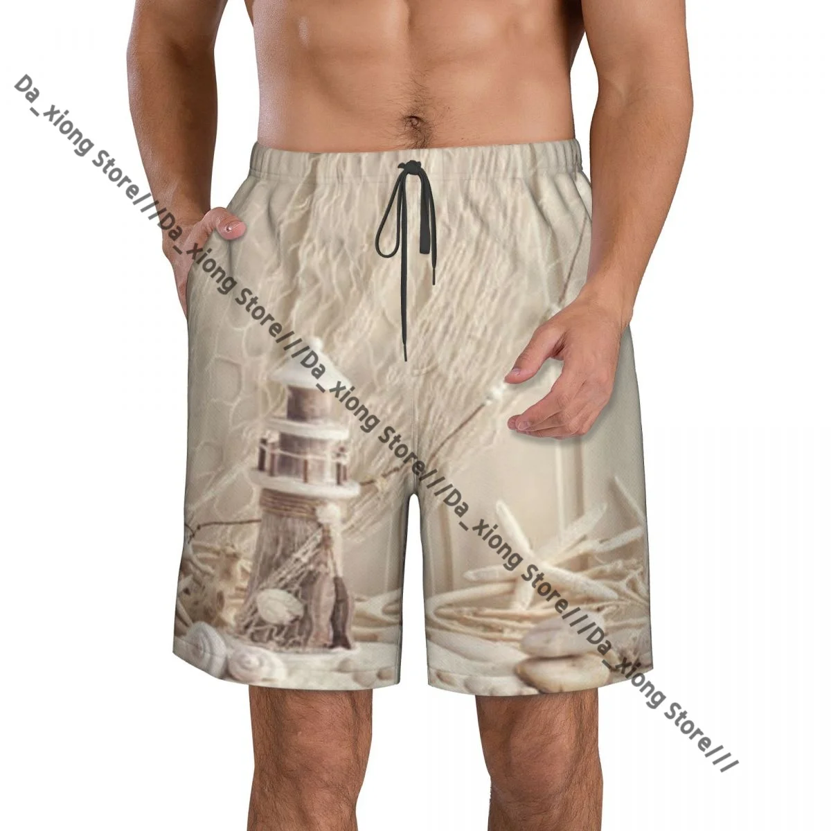 Mens Swimming Shorts Swimwear Marine Sea Stars Shells Underwater Life Wooden Lighthouse Trunks Swimsuit Beach Wear Boardshorts