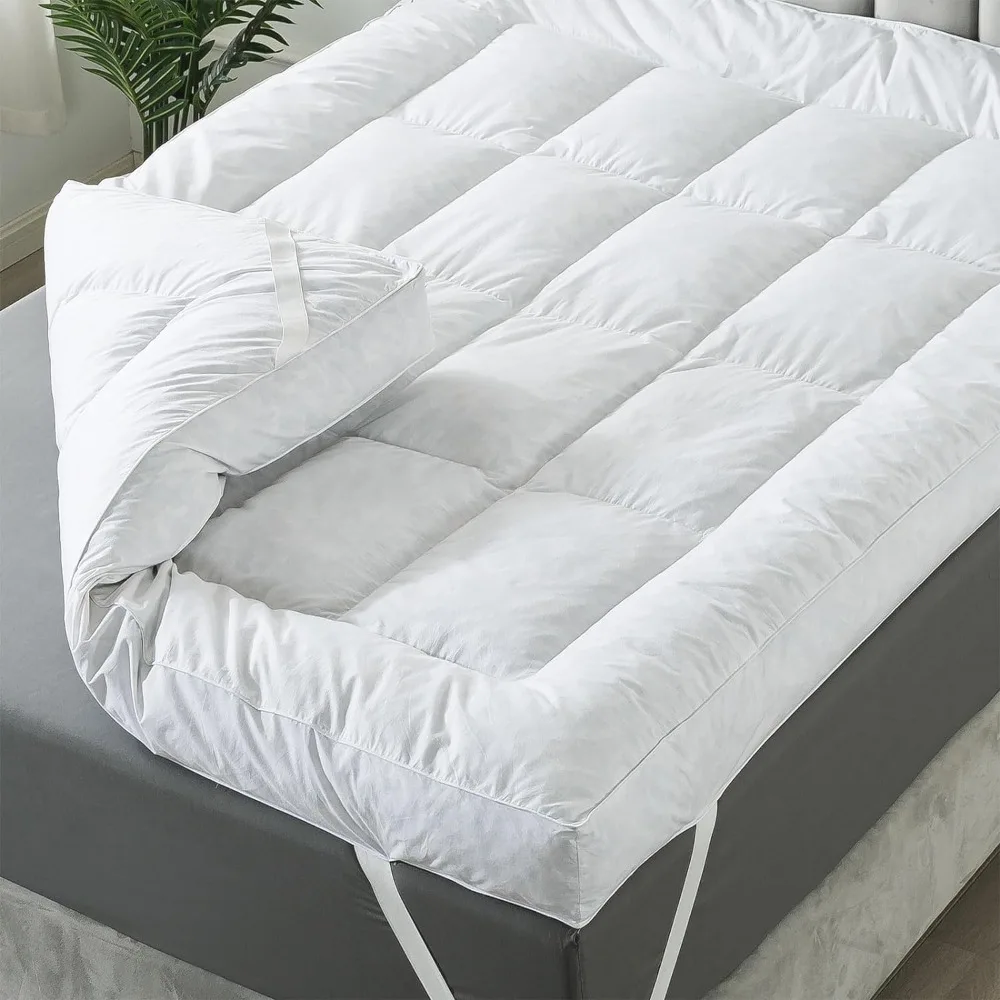 

Duck Feather Bed Queen Size, 100% Cotton Extra Thick Mattress Topper, Overfilled Pillow Top, Hotel Collection Mattress Topper