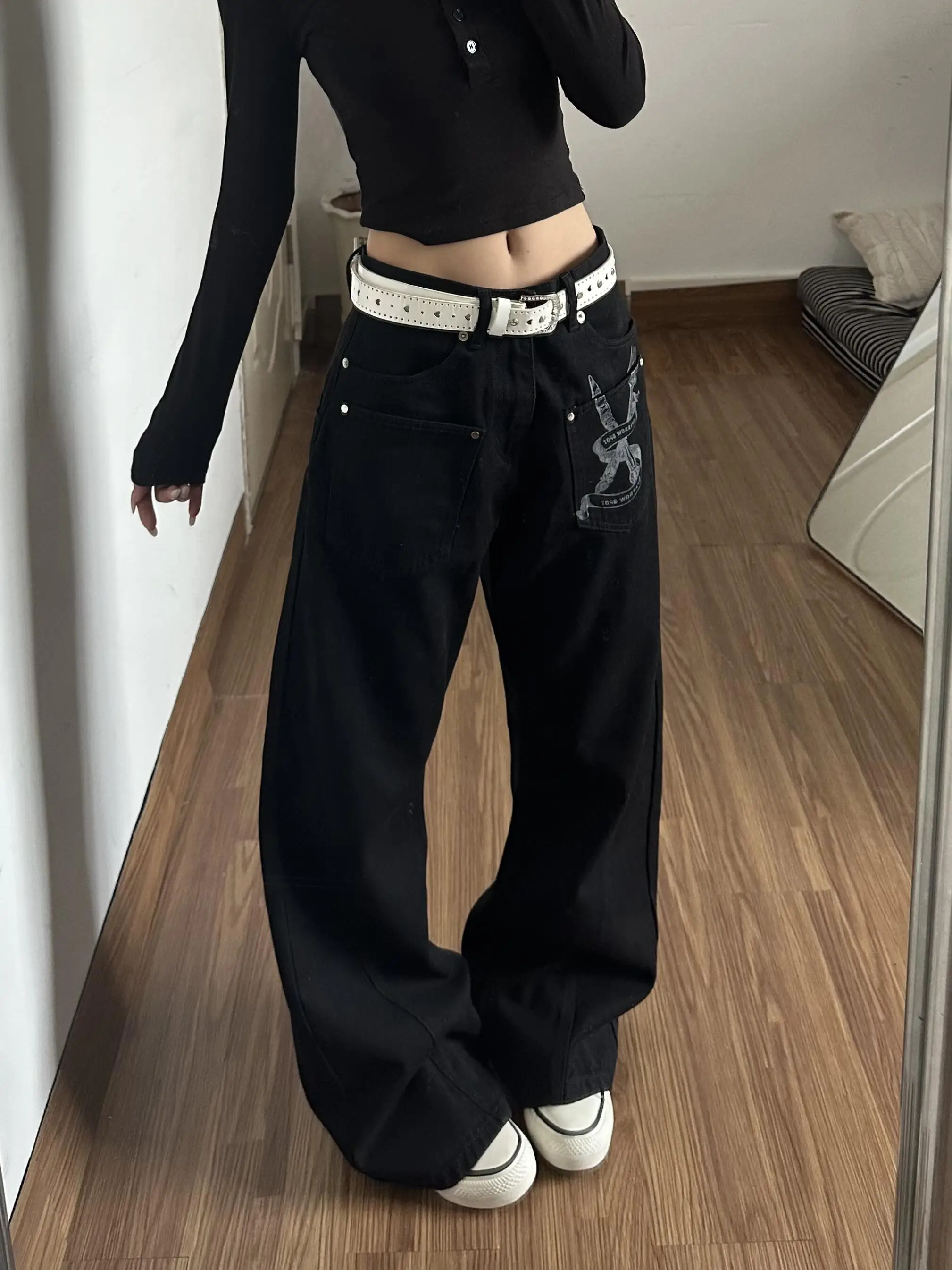 Cool Girl American Style Black Printed Jeans Women's Autumn Winter Loose Slim Straight Leg Floor-Length Pants Casual Soft Denim