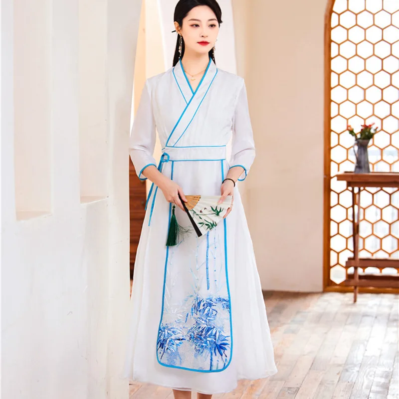 

High-end Spring Summer Women Belt Dress Retro Elegant Embroidery Orchid Bamboo A-line Lady Party Hanfu Dress S-XXL