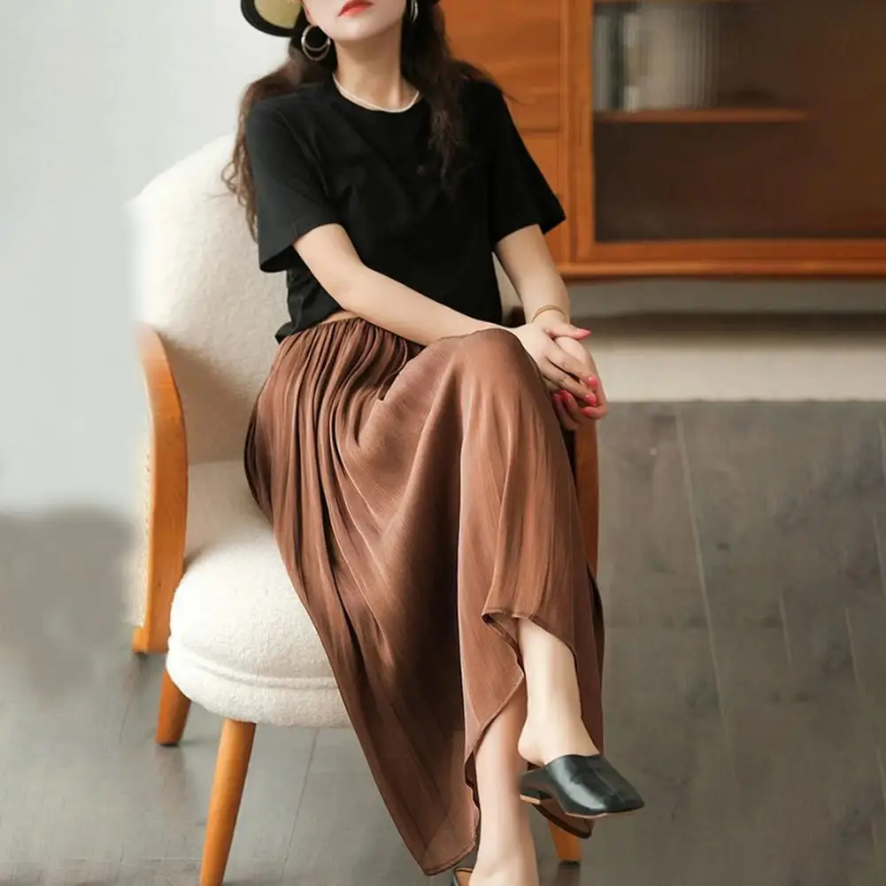 Women Linen Long Skirts Elastic Waist Pleated Maxi Skirts Beach Boho Vintage Summer Skirts