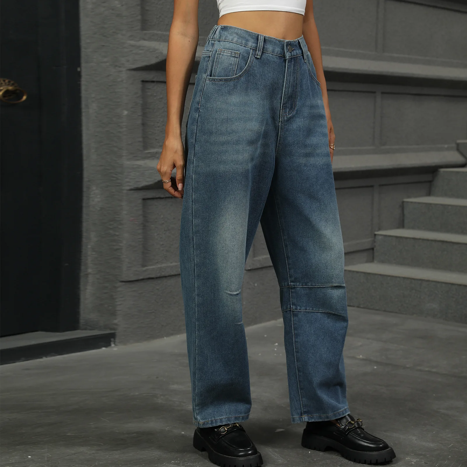 Nuevos pantalones vaqueros de mezclilla a la moda para mujer con lavado de piedra, corte holgado, cintura alta, longitud Capri