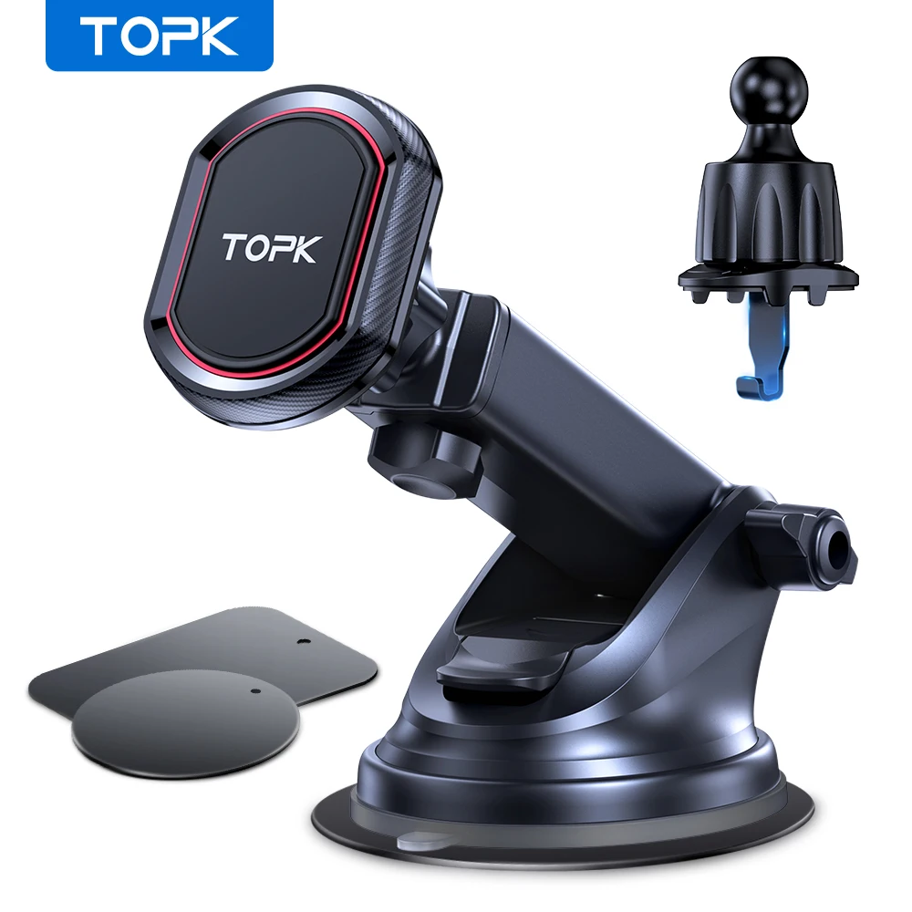 Topk D37-Z magnetische telefon auto halterung, 3 in1 telefon halter für auto luft entlüftung windschutz scheibe und armaturen brett verstellbare lange arm telefon halterung