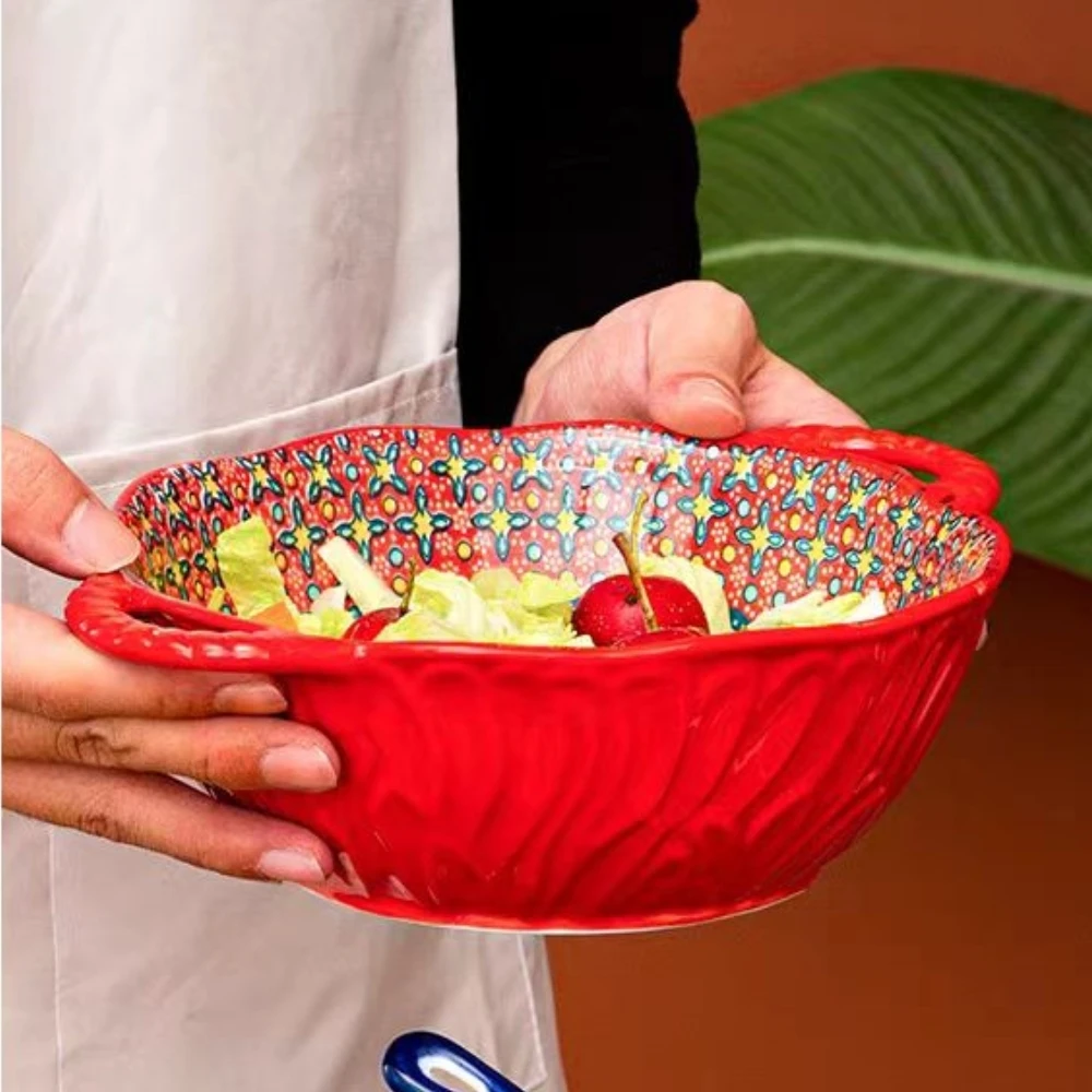 Bohemian Style Ceramic Soup Bowl with Handle Microwave Safe Embossed Design Great for serving soups salads ramen noodles