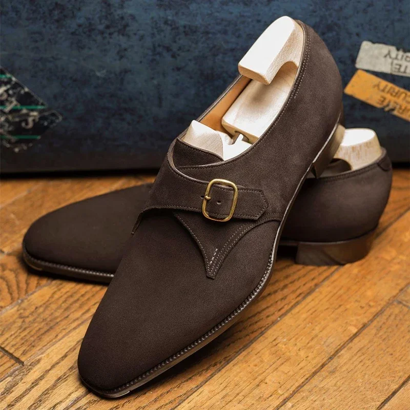 Men Suede Loafers Brown Buckle Breathable Casual Shoes Coffee Black Flock Dreess Shoes for Men  Handmade Men Shoes