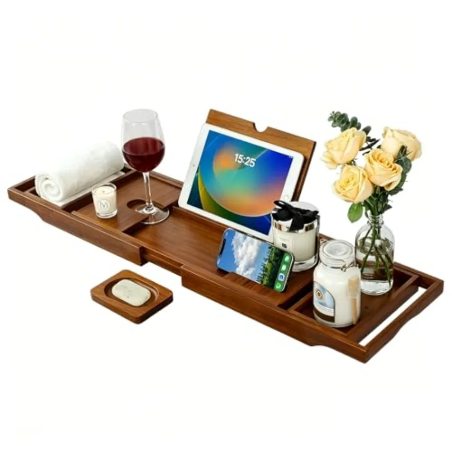 

Teak Bathtub Caddy, Expandable Bath Tray, Non‑Slip Luxury Tub Caddy with Wine Phone Tablet Holder, Wooden Bath Accessory for Ho