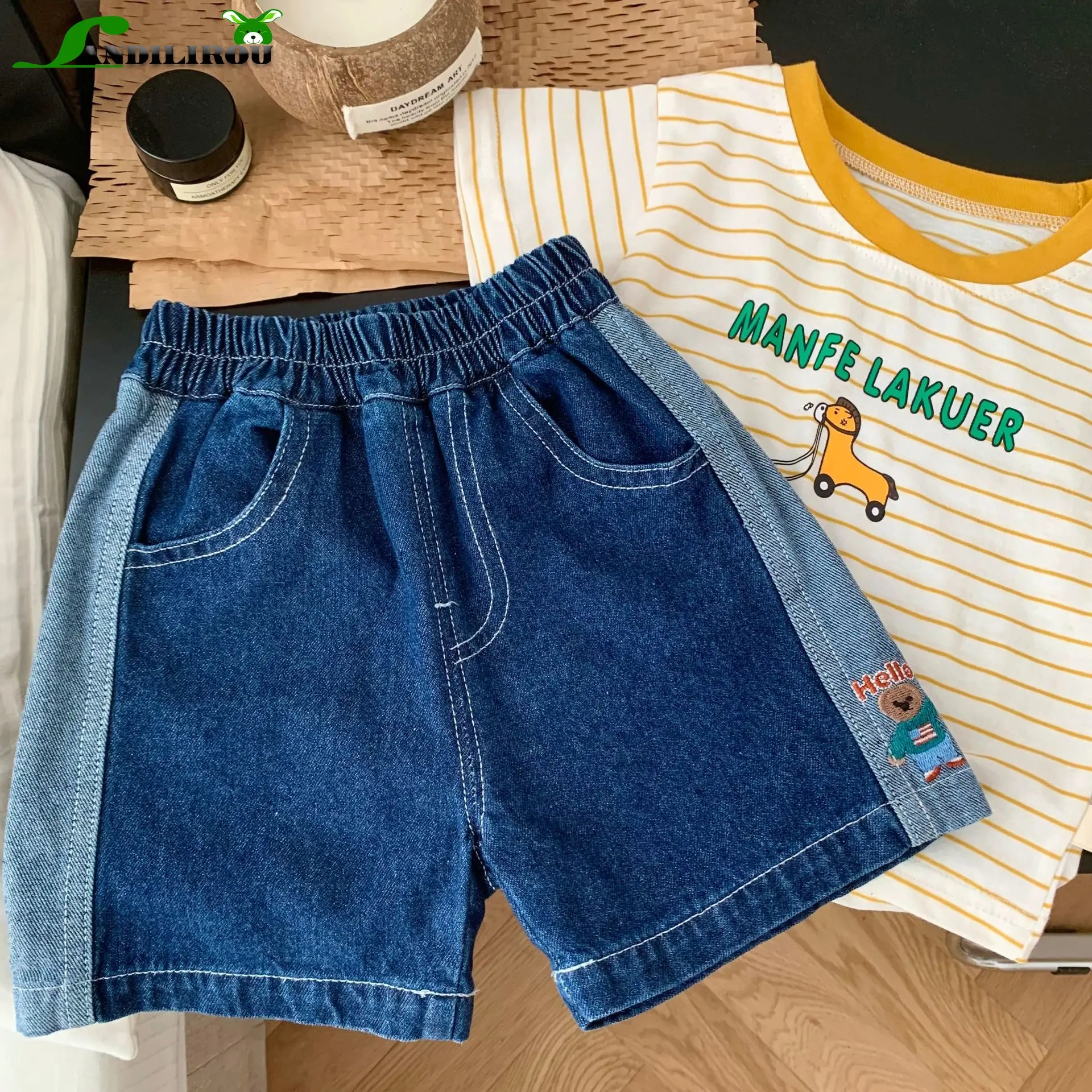 

Toddler Clothes 아동복 Children Bear Denim Shorts 0-6 Years Summer Boys Letter Patchwork Kids Baby Korean Version Thin Casual Pants