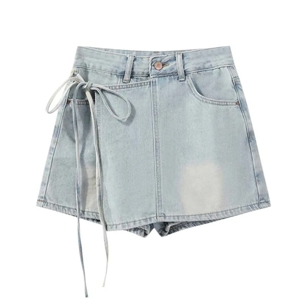 

Korean Ins Lace-up A-line Skirt Shorts Wide Leg Y2K Fake Two-piece Skirt Spicy Girl Style High Waist Baggy Blue Jeans Skirt Lady