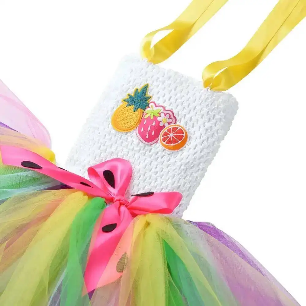 Halloween Fruits Tutu Dress for Girls Kids Princess Outfit with Pineapple Strawberry Orange Print Tulle Dress And Decorative Hai