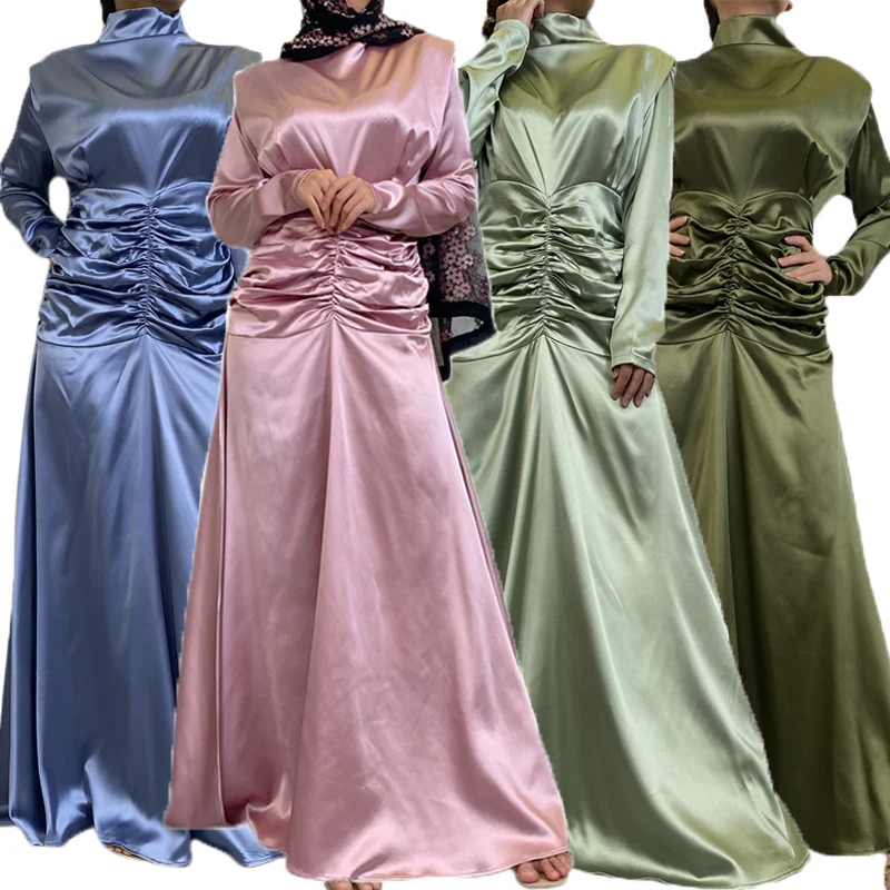 

Ramadan Feminine Muslim Dress Dubai Shiny Soft Satin Abaya Women Dubai Turkey Caftan Dress Islam Abaya Robe Waist Ruffle Pleated