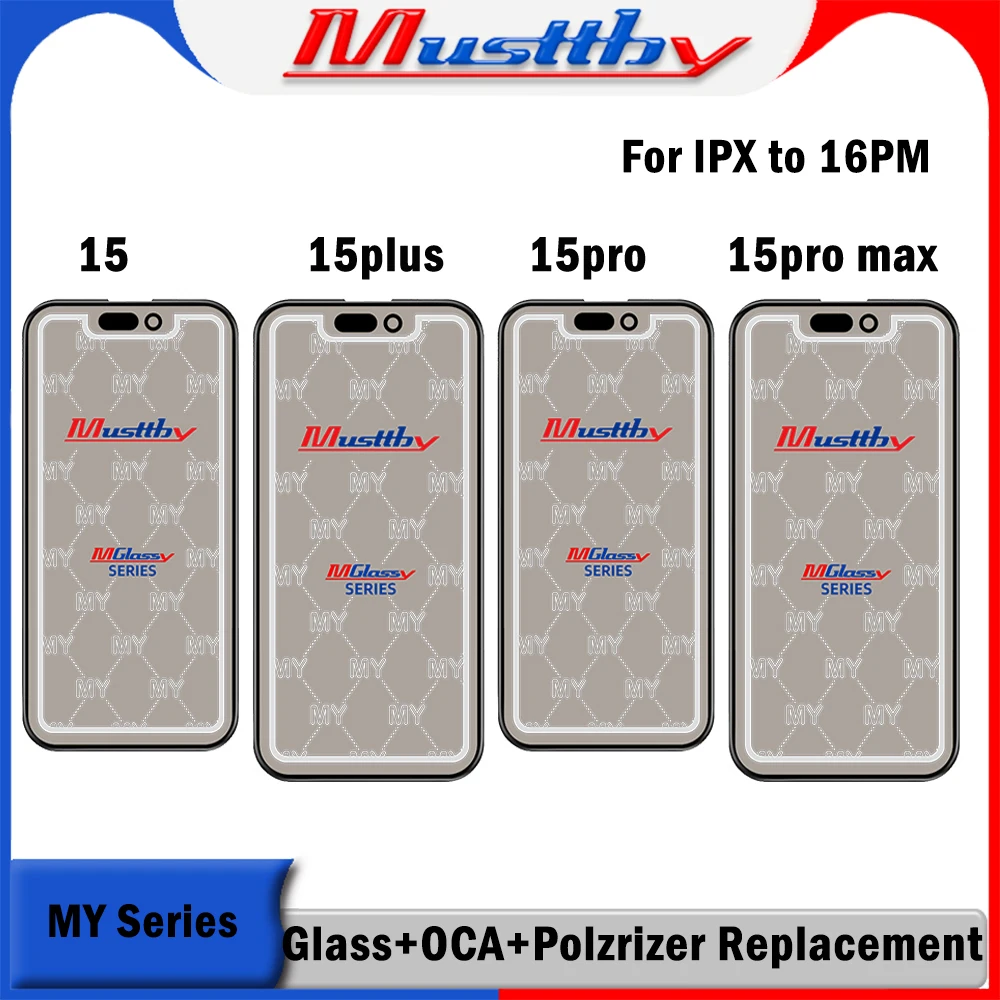 Musttby 5pc 1:1 OEM OCA Polarizer Glue Film Pre-installed Front Screen Outer Glass For iPhone 15 14Pro Max LCD Display Refurbish