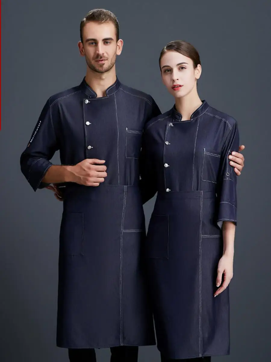 

Новая мужская джинсовая униформа для поваров, рабочая одежда для кухни, для шеф-поваров отелей и ресторанов, дышащая, влагоотводящая.