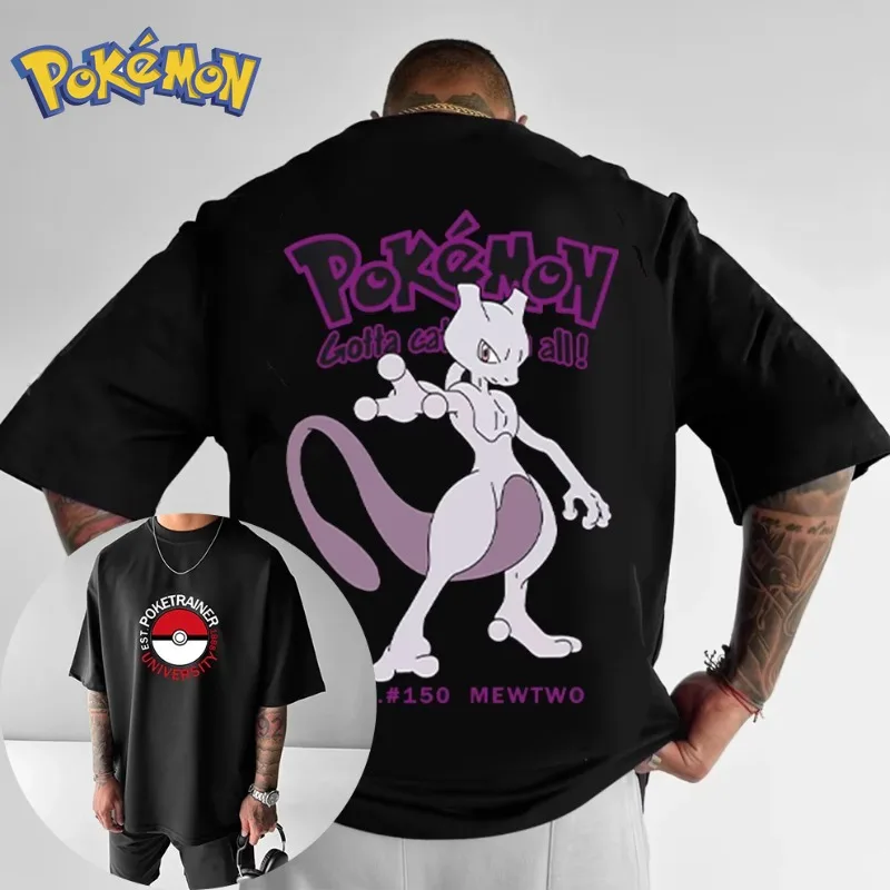 

2025 Pokémon Anime Mewtwo Peripheral Printed T-Shirt Summer New Men's and Women's Harajuku Loose Casual Trend Short Sleeve Top